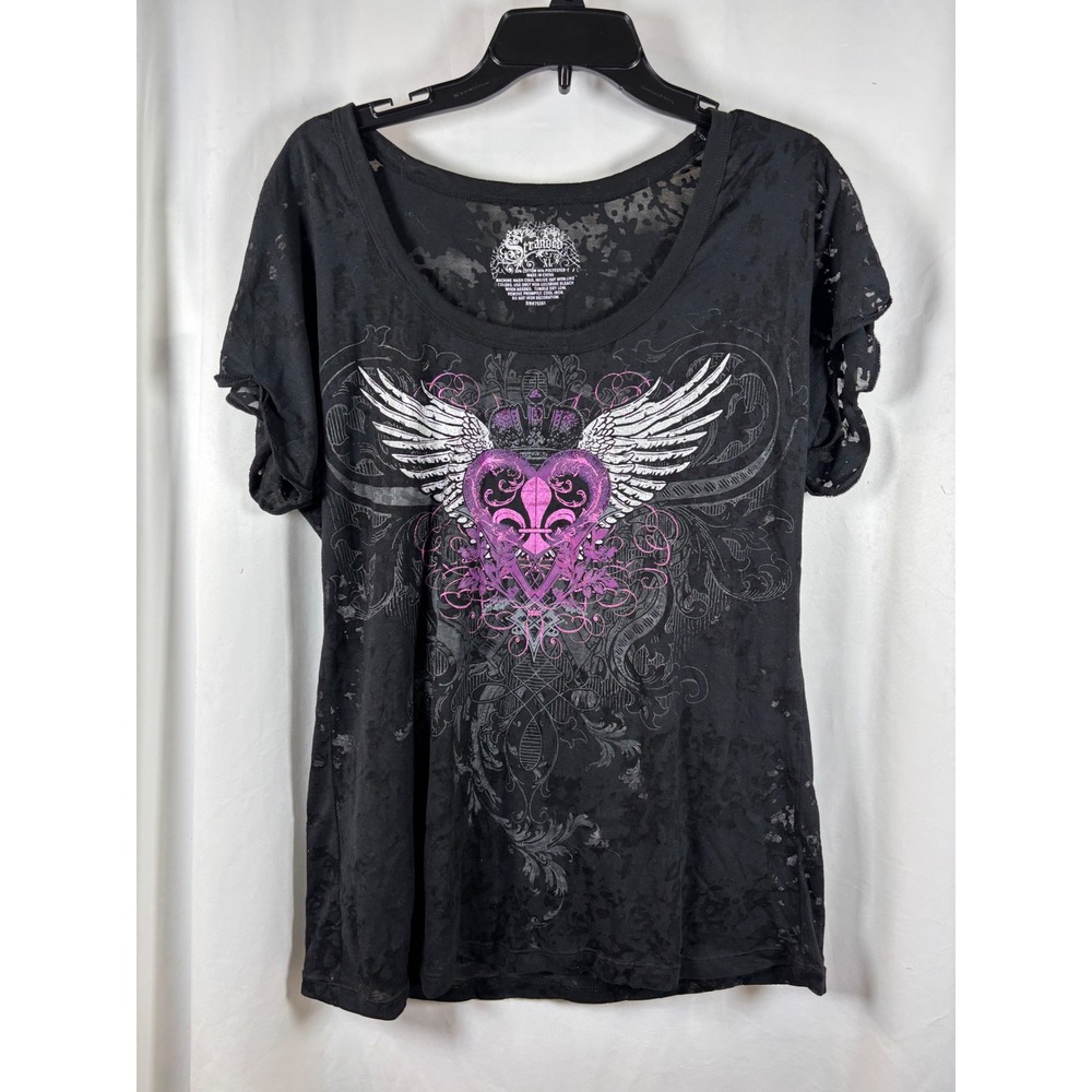 Stranded Womens XL Black Burnout Graphic Tee Winged Purple Heart Fleur De Lis